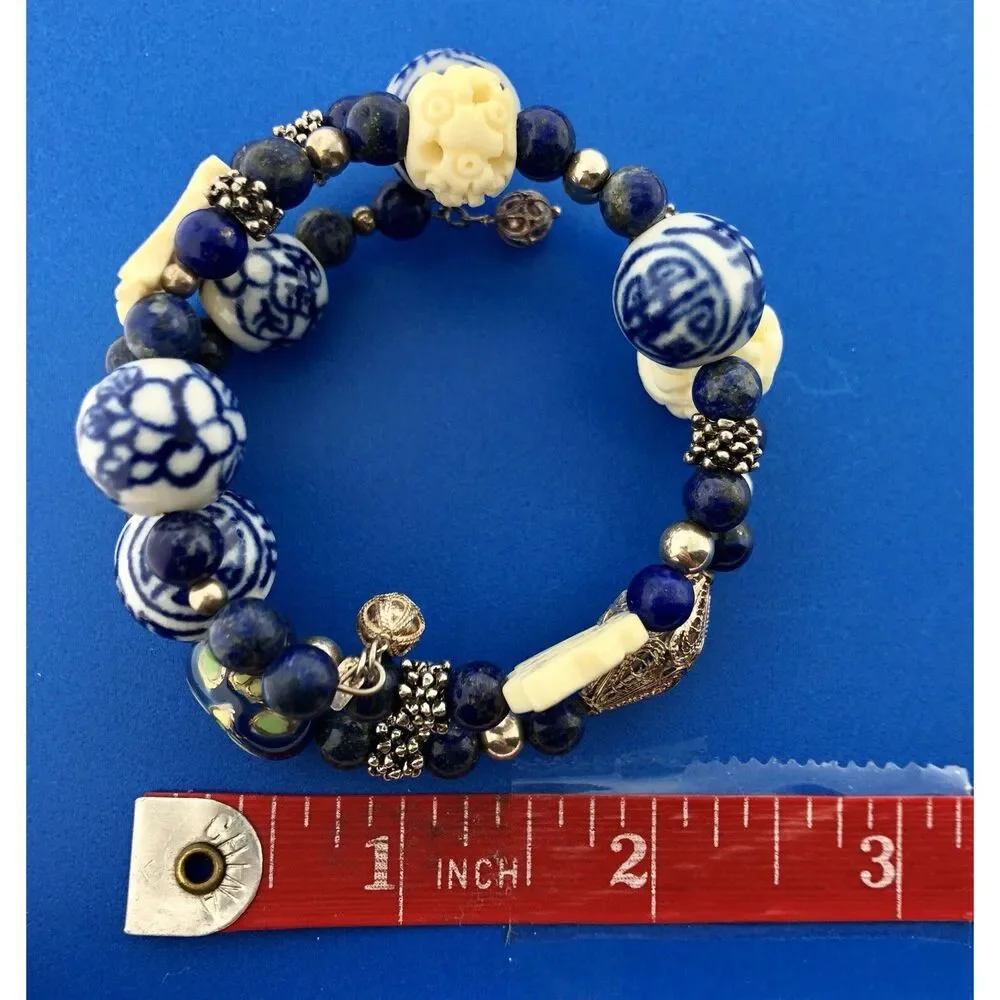 Sterling Silver 925 Lapis Ceramic Carved Cloisonne Bead Three Wrap Bracelet